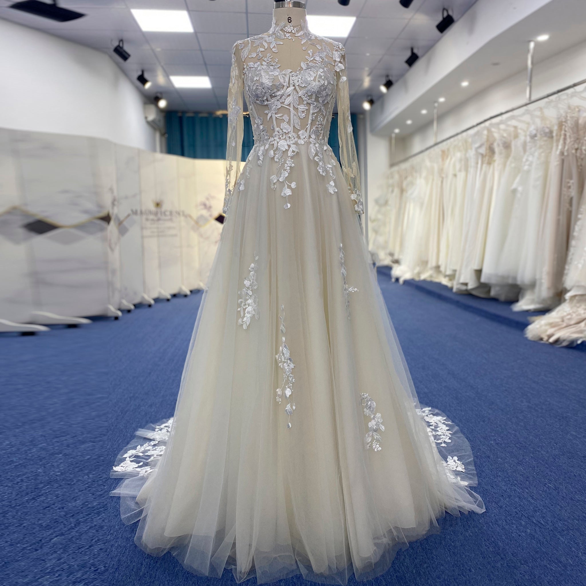 High Neck Lace and Tule A-line Wedding Dress with Long Sleeve - Rosymae