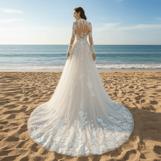 High Neck Lace and Tule A-line Wedding Dress with Long Sleeve - Rosymae