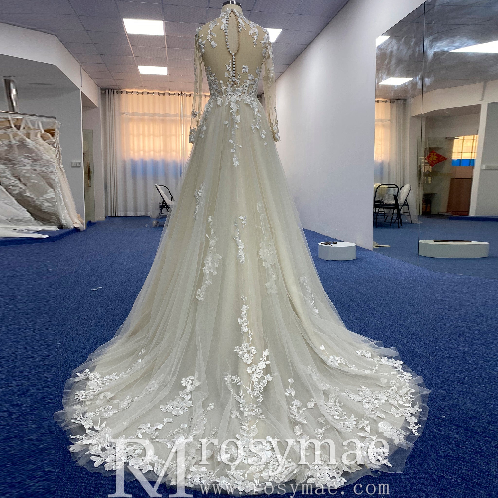 High Neck Lace and Tule A-line Wedding Dress with Long Sleeve - Rosymae