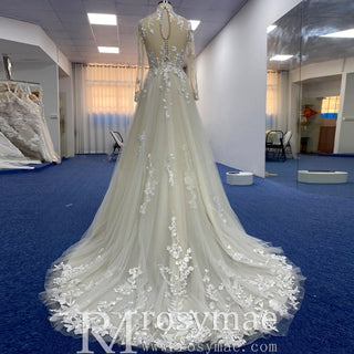 High Neck Lace and Tule A-line Wedding Dress with Long Sleeve - Rosymae