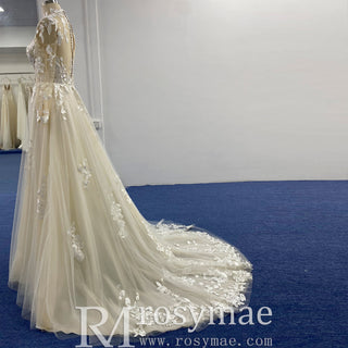 High Neck Lace and Tule A-line Wedding Dress with Long Sleeve - Rosymae