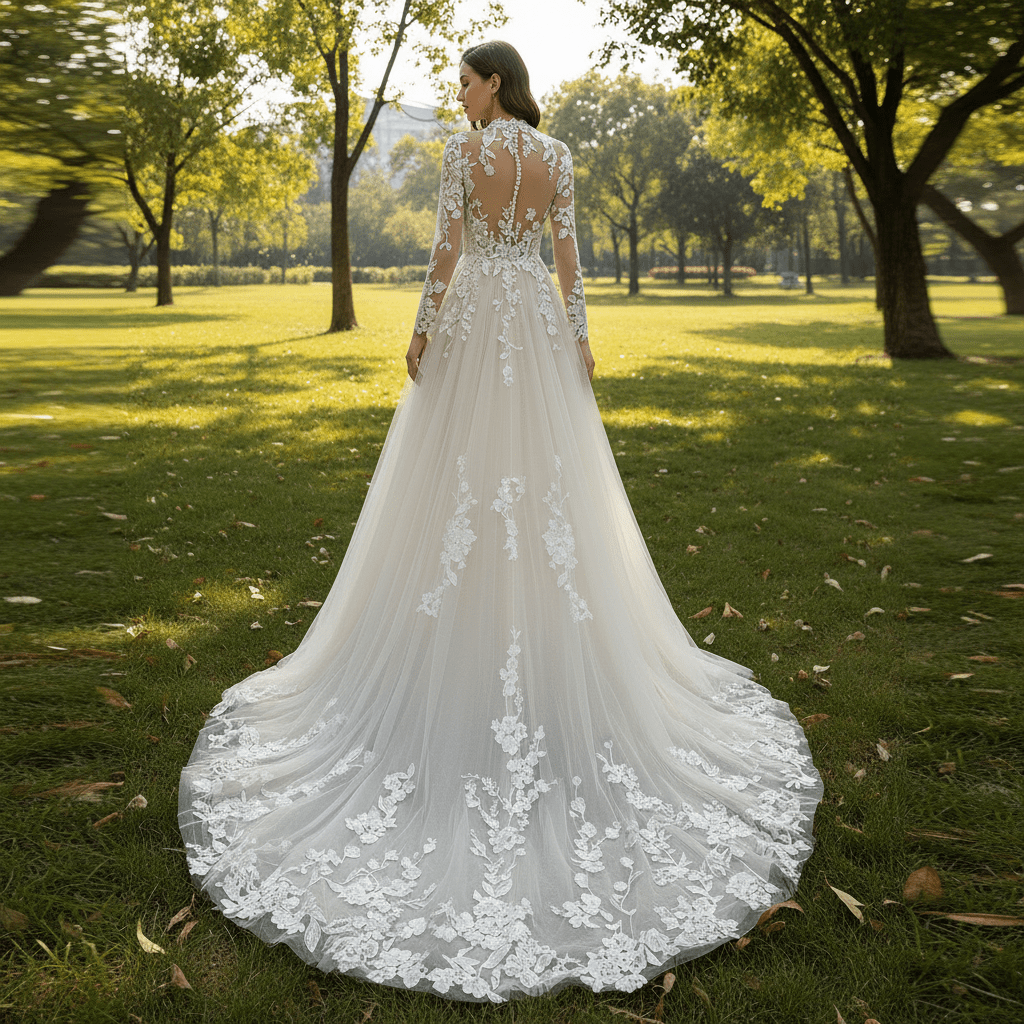 High Neck Lace and Tule A-line Wedding Dress with Long Sleeve - Rosymae
