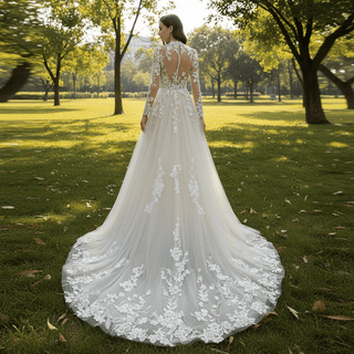 High Neck Lace and Tule A-line Wedding Dress with Long Sleeve - Rosymae