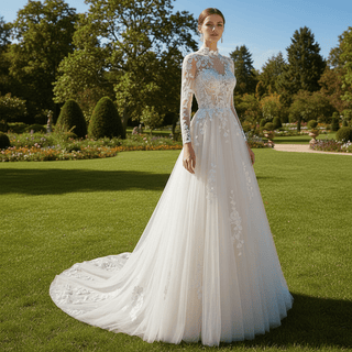 High Neck Lace and Tule A-line Wedding Dress with Long Sleeve - Rosymae