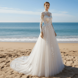 High Neck Lace and Tule A-line Wedding Dress with Long Sleeve - Rosymae