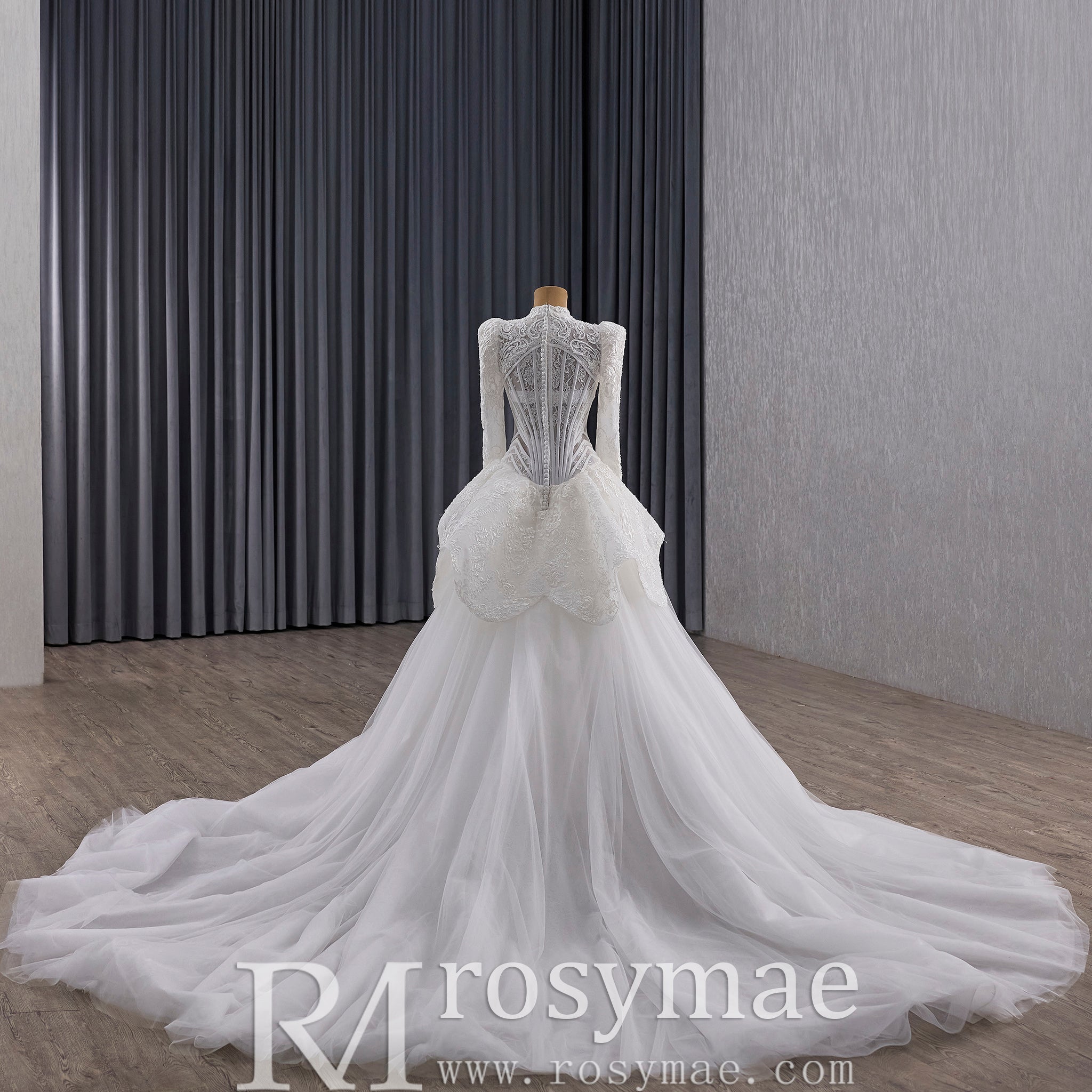 High-Neck Lace Mermaid Wedding Dress with Long Sleeves & Overskirt - Rosymae