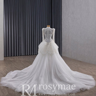 High-Neck Lace Mermaid Wedding Dress with Long Sleeves & Overskirt - Rosymae