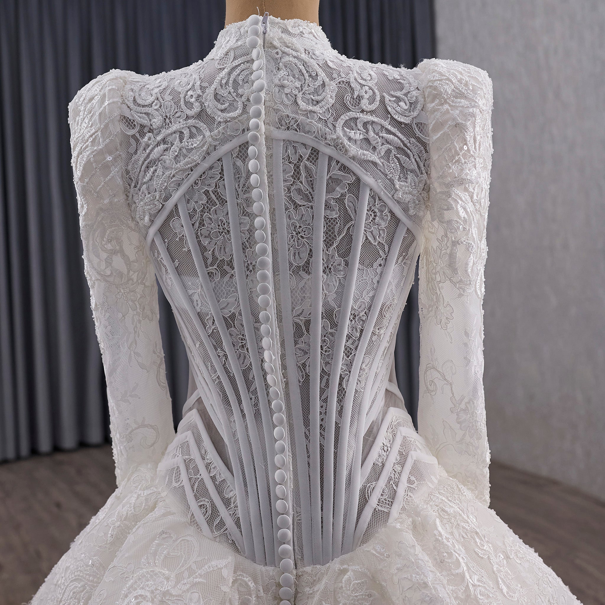 High-Neck Lace Mermaid Wedding Dress with Long Sleeves & Overskirt - Rosymae