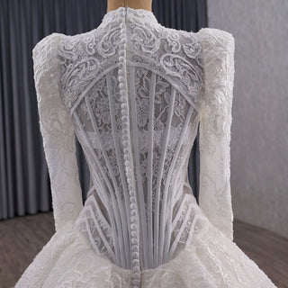 High-Neck Lace Mermaid Wedding Dress with Long Sleeves & Overskirt - Rosymae