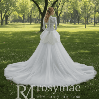 High-Neck Lace Mermaid Wedding Dress with Long Sleeves & Overskirt - Rosymae