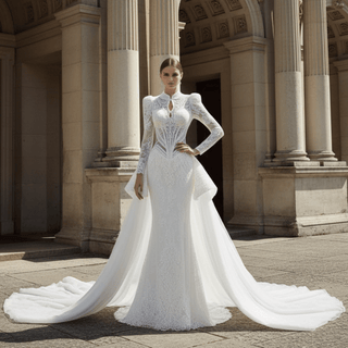 High-Neck Lace Mermaid Wedding Dress with Long Sleeves & Overskirt - Rosymae
