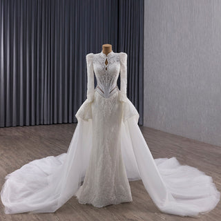 High-Neck Lace Mermaid Wedding Dress with Long Sleeves & Overskirt - Rosymae
