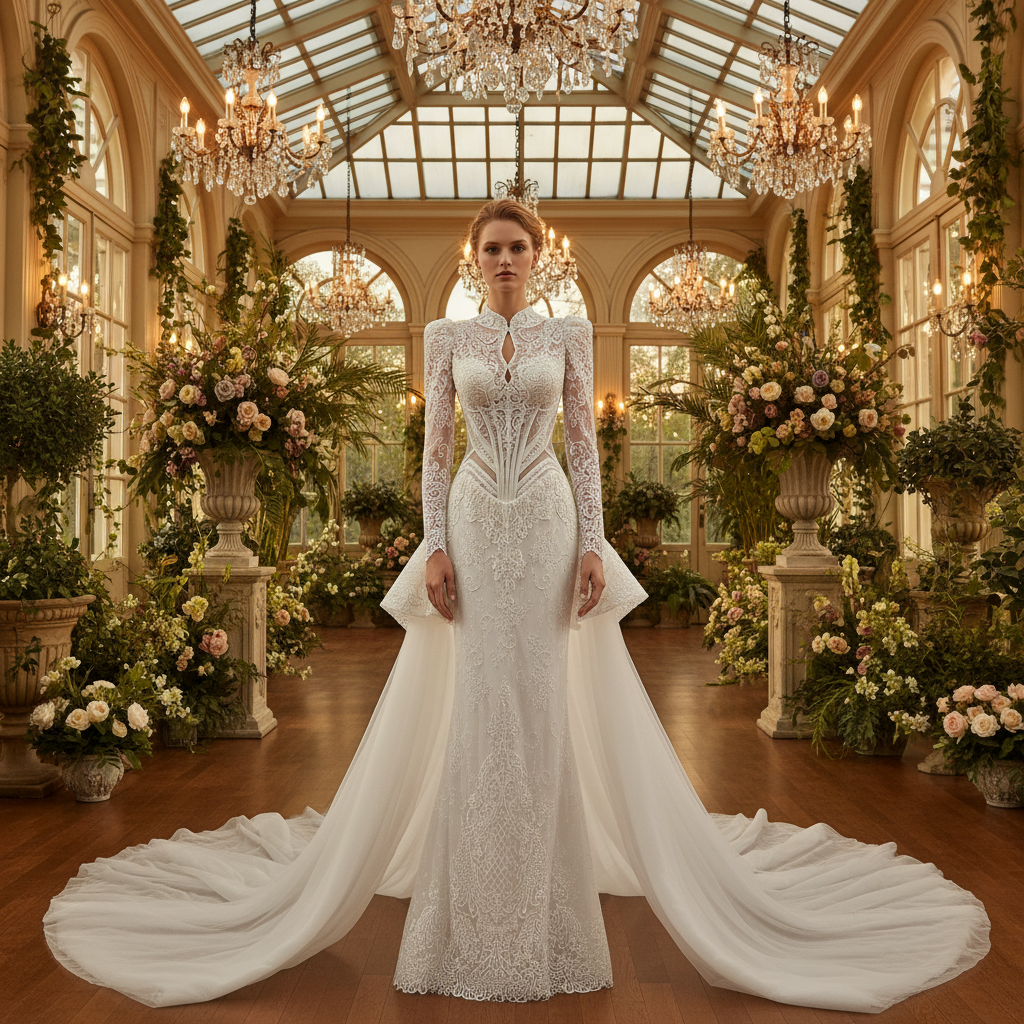Beaded winter wedding dress paired for cathedral winter wedding venue