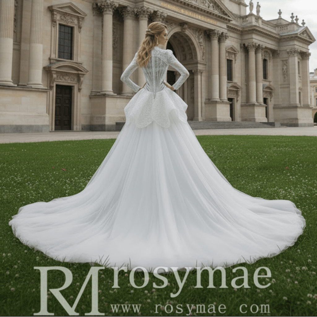 High-Neck Lace Mermaid Wedding Dress with Long Sleeves & Overskirt - Rosymae