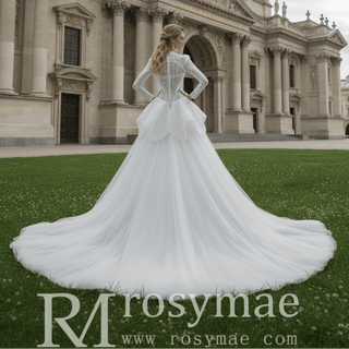 High-Neck Lace Mermaid Wedding Dress with Long Sleeves & Overskirt - Rosymae