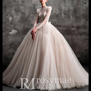 Sheer High Neck Long Sleeve Tulle Wedding Dress with Puffy Skirt