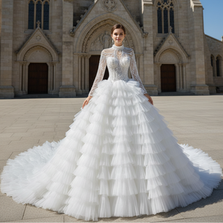 Gorgeous Puffy Ball Gown High Neck Wedding Dress with Long Sleeve