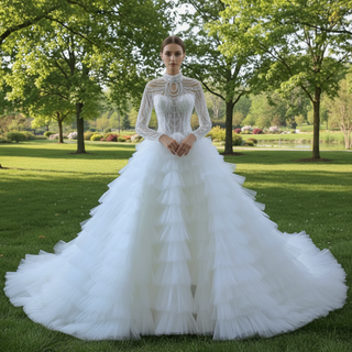 Gorgeous Puffy Ball Gown High Neck Wedding Dress with Long Sleeve