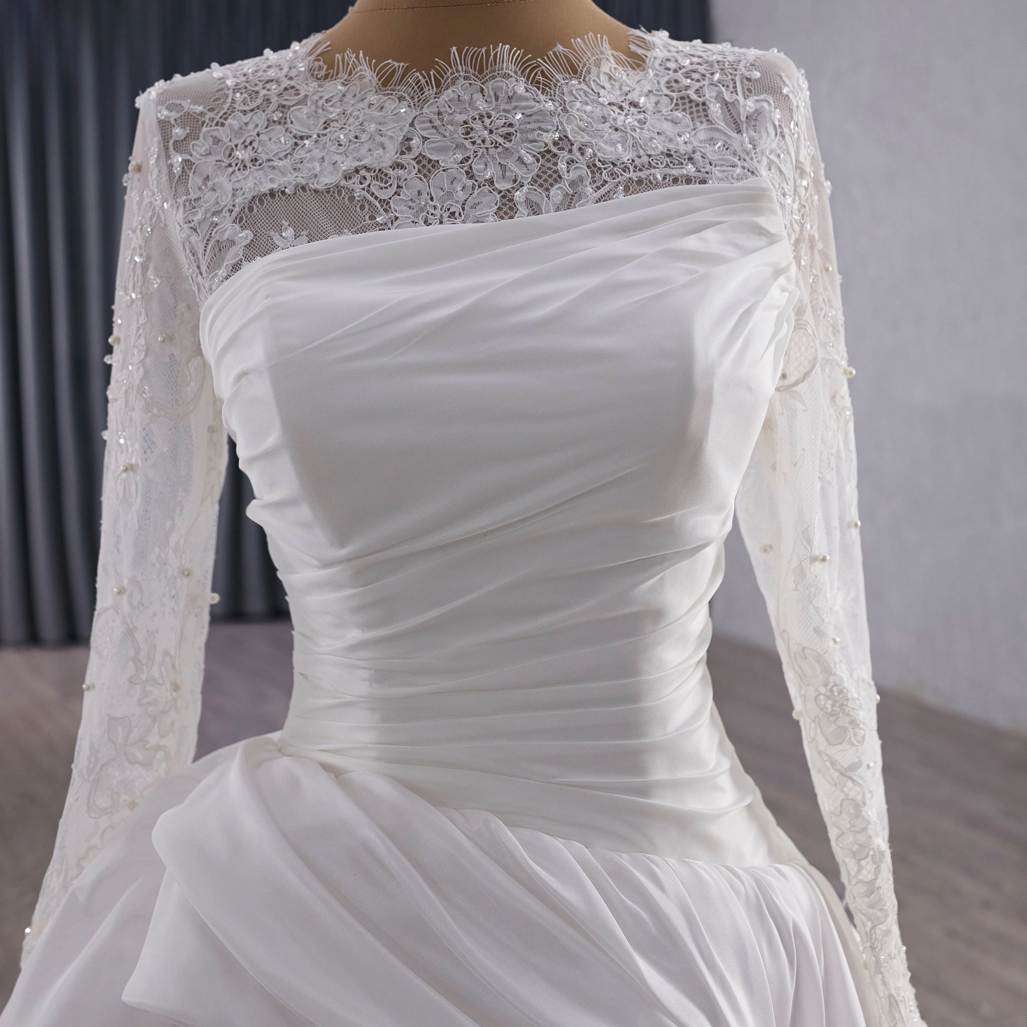 High Neck Long-Sleeve Mermaid Wedding Dress with Voluminous Overskirt - Rosymae