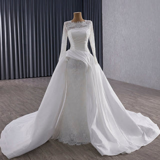 High Neck Long-Sleeve Mermaid Wedding Dress with Voluminous Overskirt - Rosymae