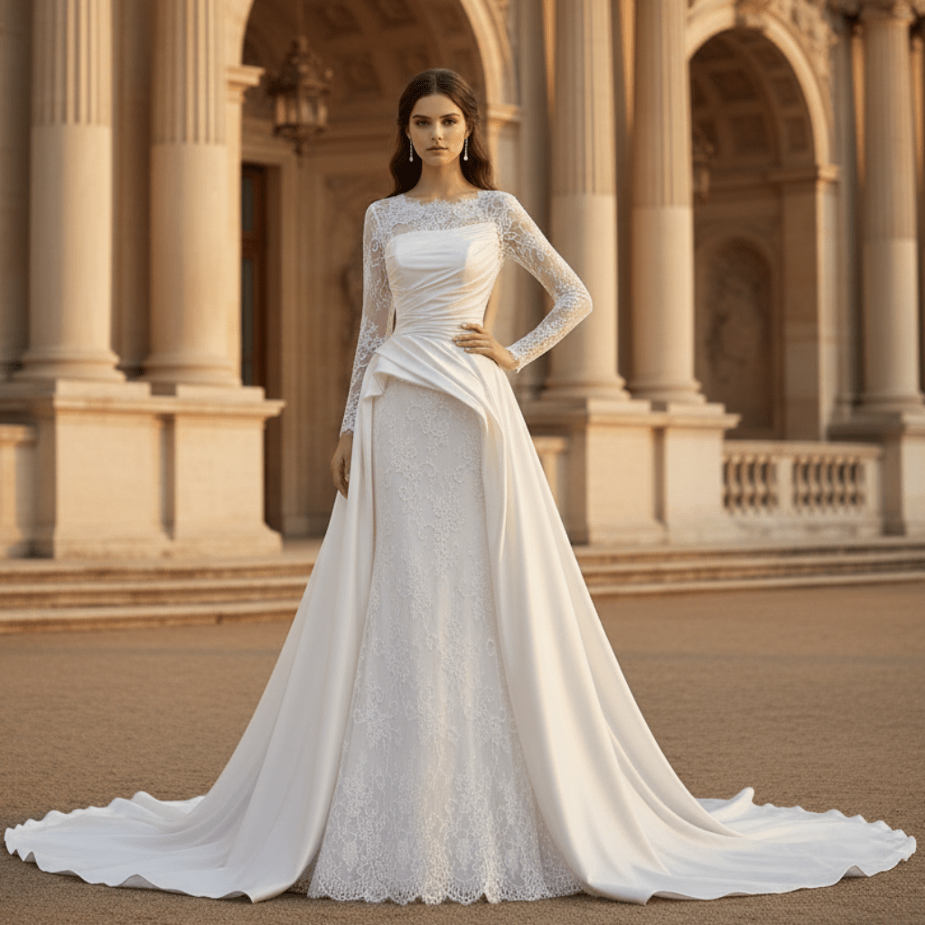 High Neck Long-Sleeve Mermaid Wedding Dress with Voluminous Overskirt - Rosymae