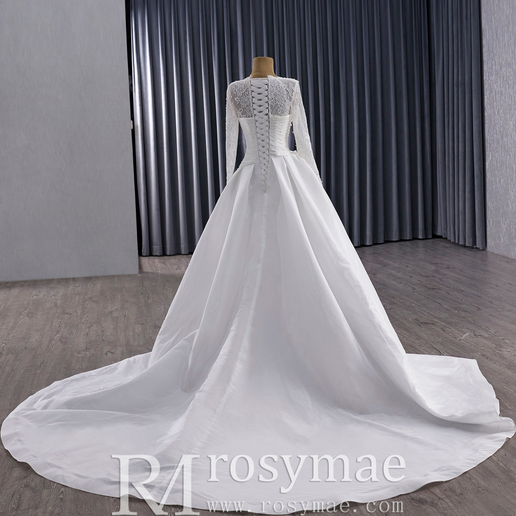 High Neck Long-Sleeve Mermaid Wedding Dress with Voluminous Overskirt - Rosymae