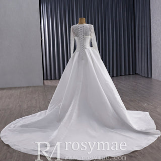 High Neck Long-Sleeve Mermaid Wedding Dress with Voluminous Overskirt - Rosymae