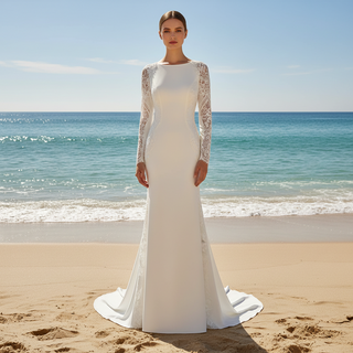 Low Back Vintage Wedding Dress High Neck Bridal Gown with Long Sleeve