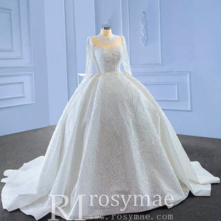 High Neck Puffy Skirt Ball Gown Wedding Dresses with Long Sleeve - Rosymae