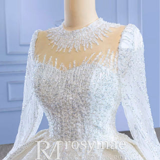High Neck Puffy Skirt Ball Gown Wedding Dresses with Long Sleeve - Rosymae