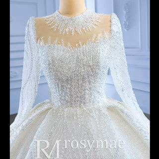 High Neck Puffy Skirt Ball Gown Wedding Dresses with Long Sleeve - Rosymae