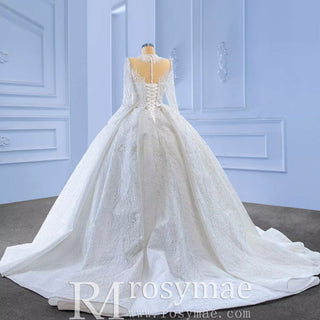 High Neck Puffy Skirt Ball Gown Wedding Dresses with Long Sleeve - Rosymae