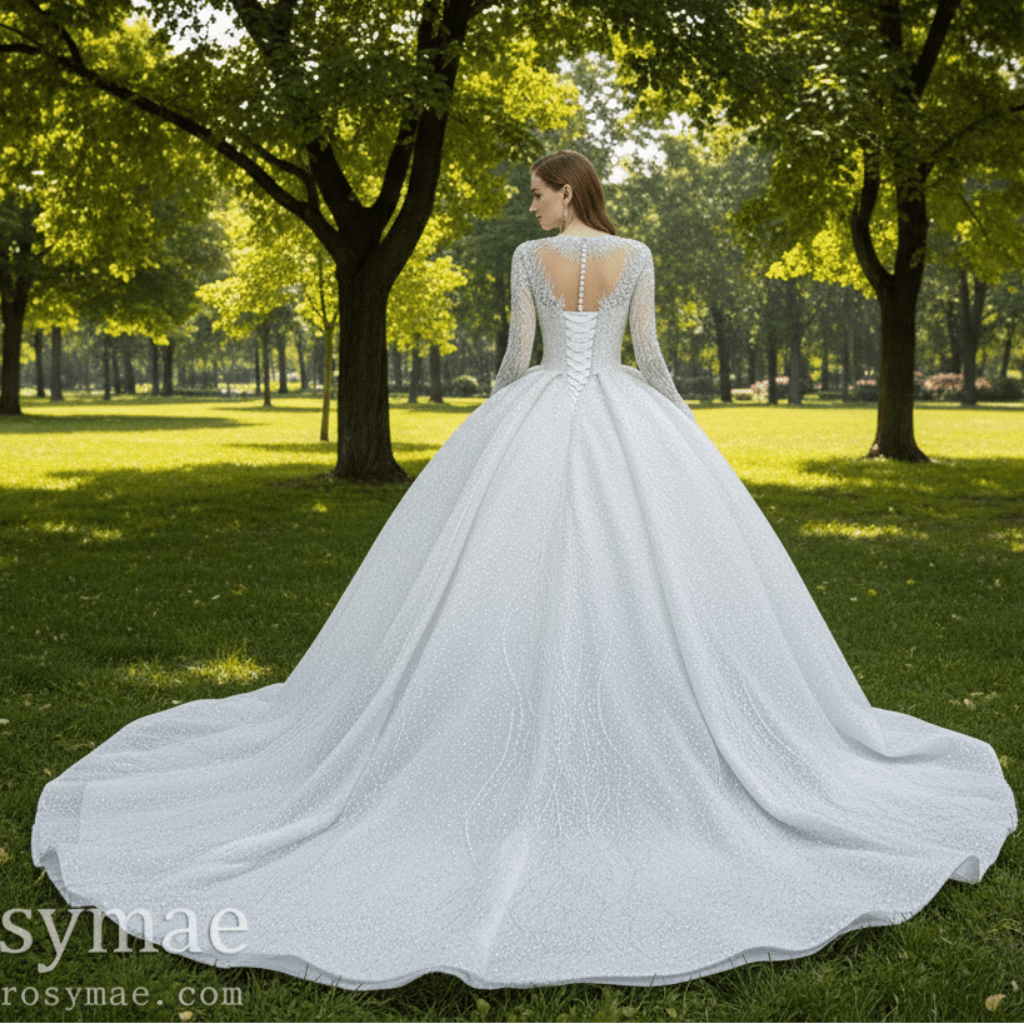 High Neck Puffy Skirt Ball Gown Wedding Dresses with Long Sleeve - Rosymae