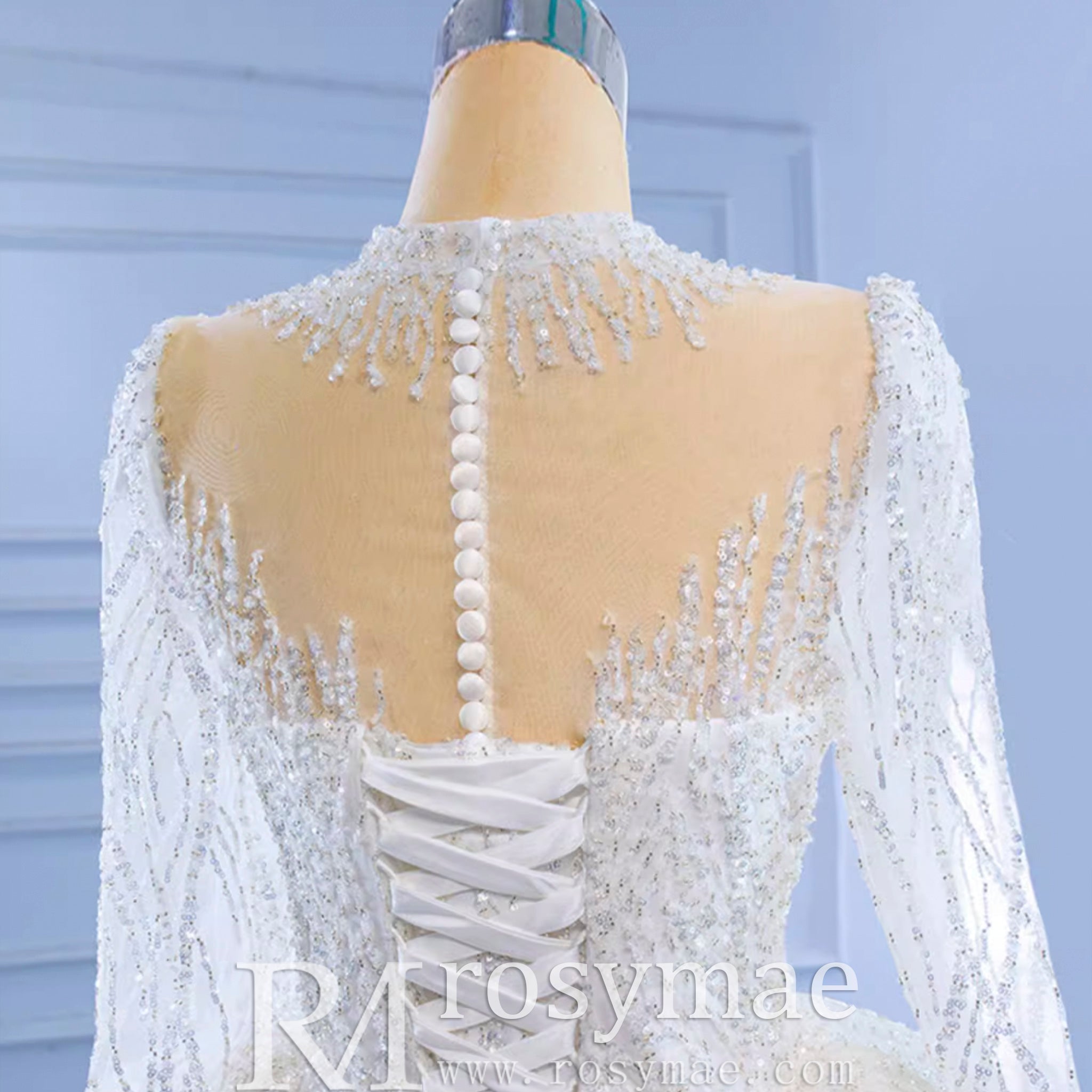 High Neck Puffy Skirt Ball Gown Wedding Dresses with Long Sleeve - Rosymae