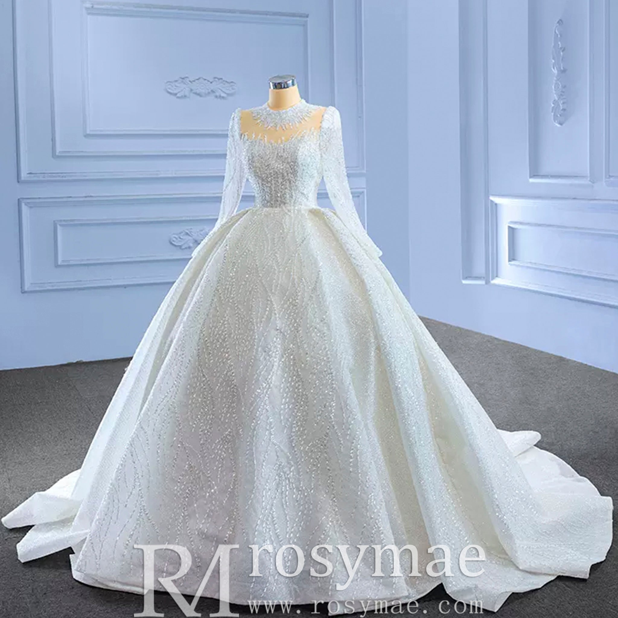 High Neck Puffy Skirt Ball Gown Wedding Dresses with Long Sleeve - Rosymae
