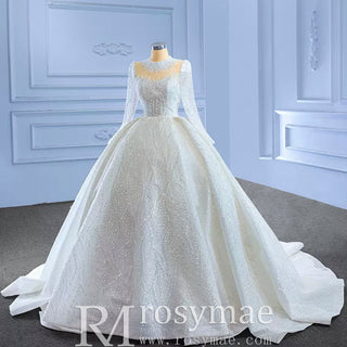High Neck Puffy Skirt Ball Gown Wedding Dresses with Long Sleeve - Rosymae