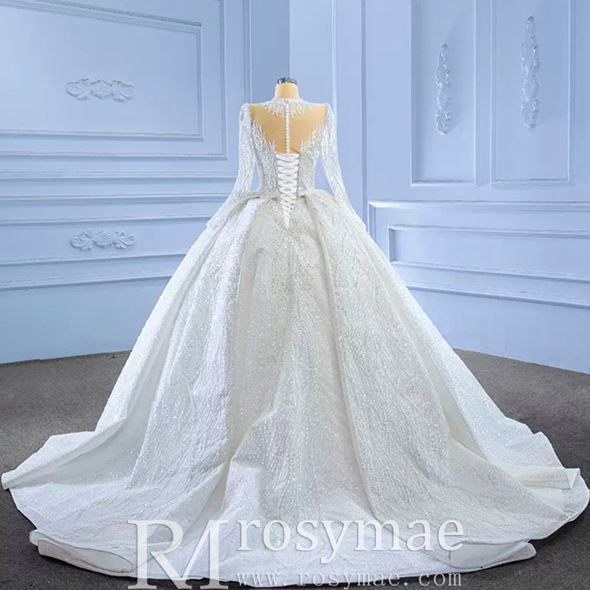 High Neck Puffy Skirt Ball Gown Wedding Dresses with Long Sleeve - Rosymae
