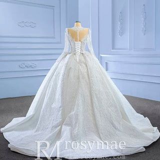 High Neck Puffy Skirt Ball Gown Wedding Dresses with Long Sleeve - Rosymae