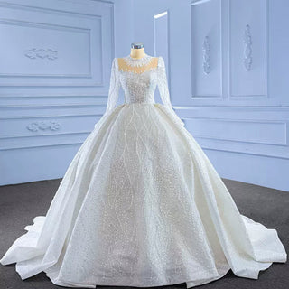 High Neck Puffy Skirt Ball Gown Wedding Dresses with Long Sleeve - Rosymae