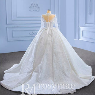 High Neck Puffy Skirt Ball Gown Wedding Dresses with Long Sleeve - Rosymae