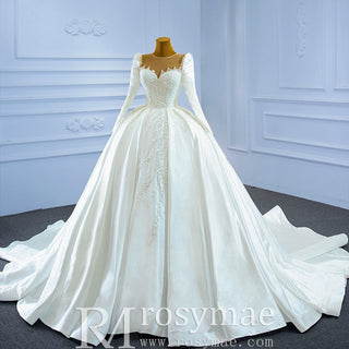 High Neck Satin Ball Gown Puffy Wedding Dress with Sheer Long Sleeves - Rosymae