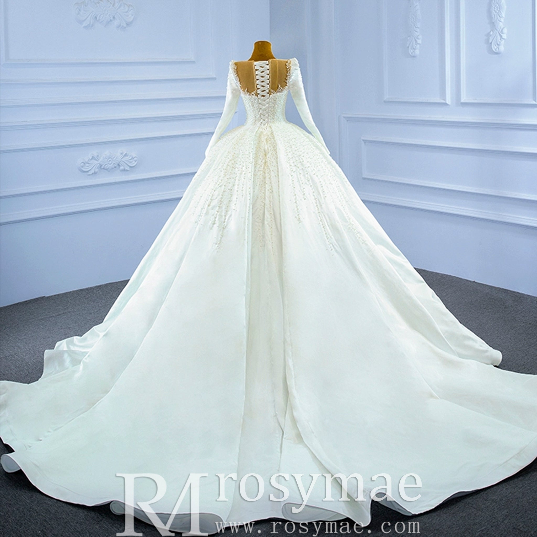 High Neck Satin Ball Gown Puffy Wedding Dress with Sheer Long Sleeves - Rosymae