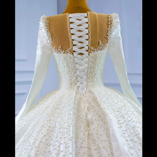 High Neck Satin Ball Gown Puffy Wedding Dress with Sheer Long Sleeves - Rosymae