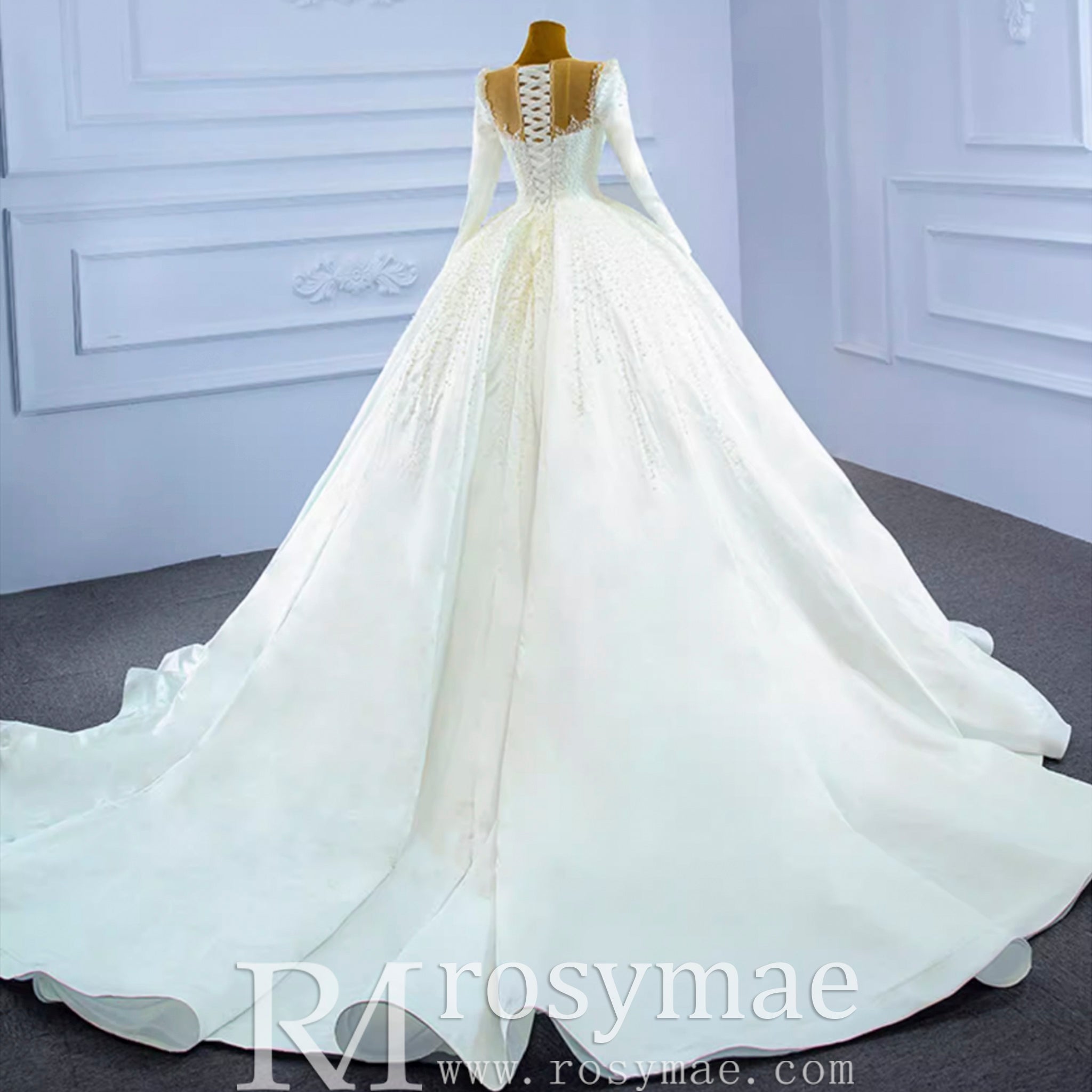 High Neck Satin Ball Gown Puffy Wedding Dress with Sheer Long Sleeves - Rosymae
