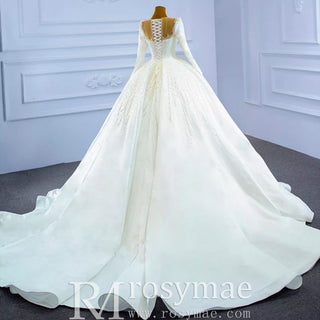 High Neck Satin Ball Gown Puffy Wedding Dress with Sheer Long Sleeves - Rosymae