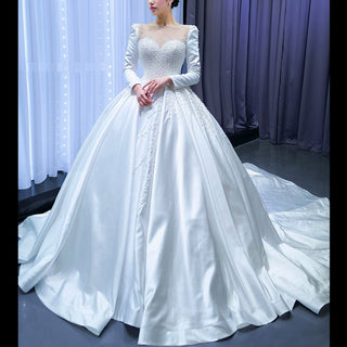 High Neck Satin Ball Gown Puffy Wedding Dress with Sheer Long Sleeves - Rosymae