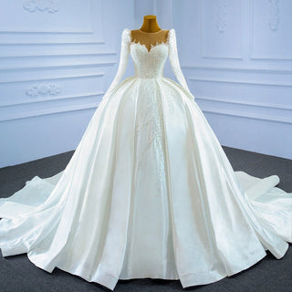 High Neck Satin Ball Gown Puffy Wedding Dress with Sheer Long Sleeves - Rosymae
