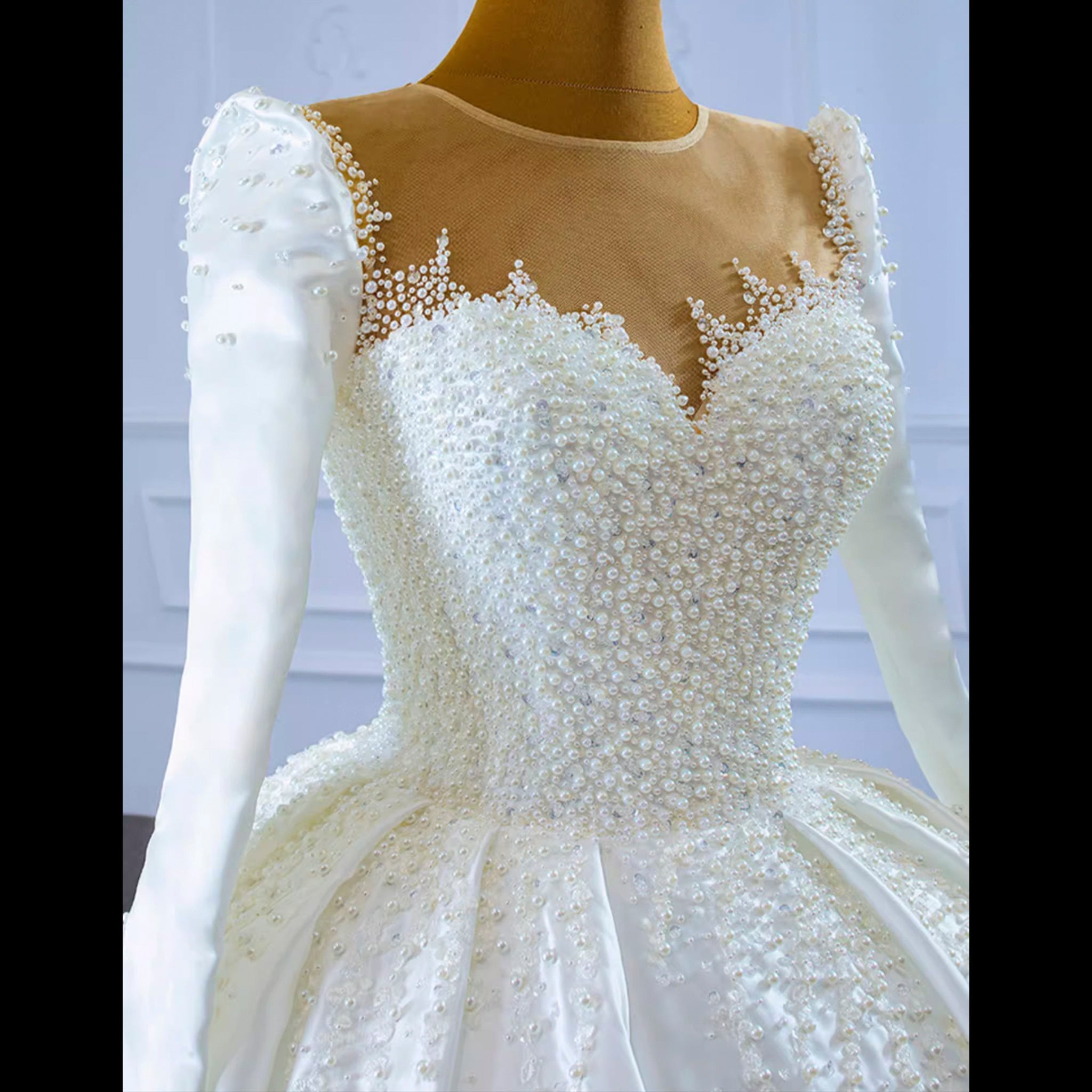 High Neck Satin Ball Gown Puffy Wedding Dress with Sheer Long Sleeves - Rosymae