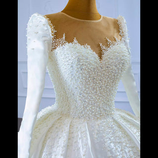 High Neck Satin Ball Gown Puffy Wedding Dress with Sheer Long Sleeves - Rosymae