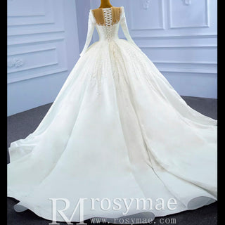 High Neck Satin Ball Gown Puffy Wedding Dress with Sheer Long Sleeves - Rosymae
